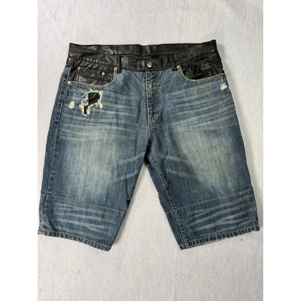 Winchester 1866 Mens Denim Leather Trim Distressed Shorts Blue Black Size 40L